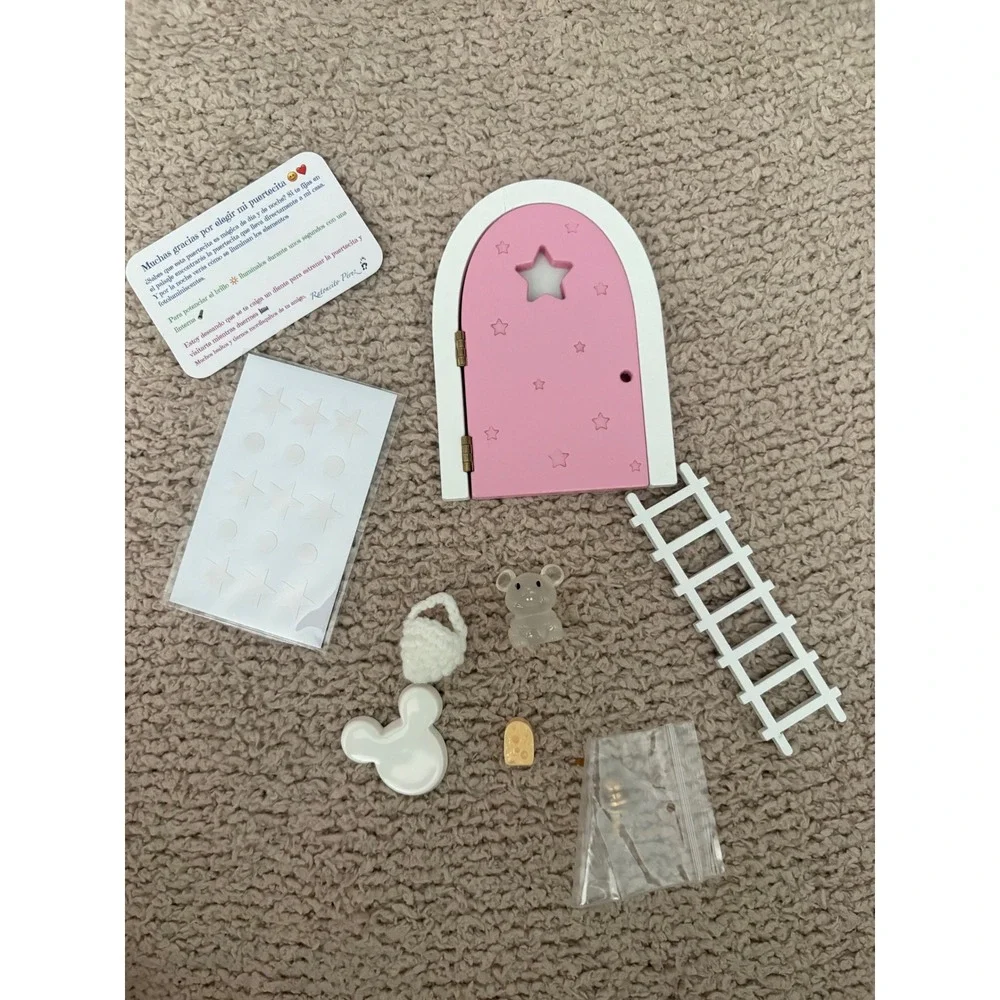 Que Kawaii Ratoncito Perez Tooth Fairy Door Set Pink Glow in the Dark w/ Ladder